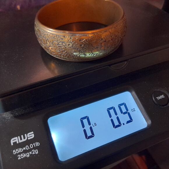 Vintage Brass Floral Wide Bangle Bracelet, 8", Etched Flowers - Picture 6 of 12